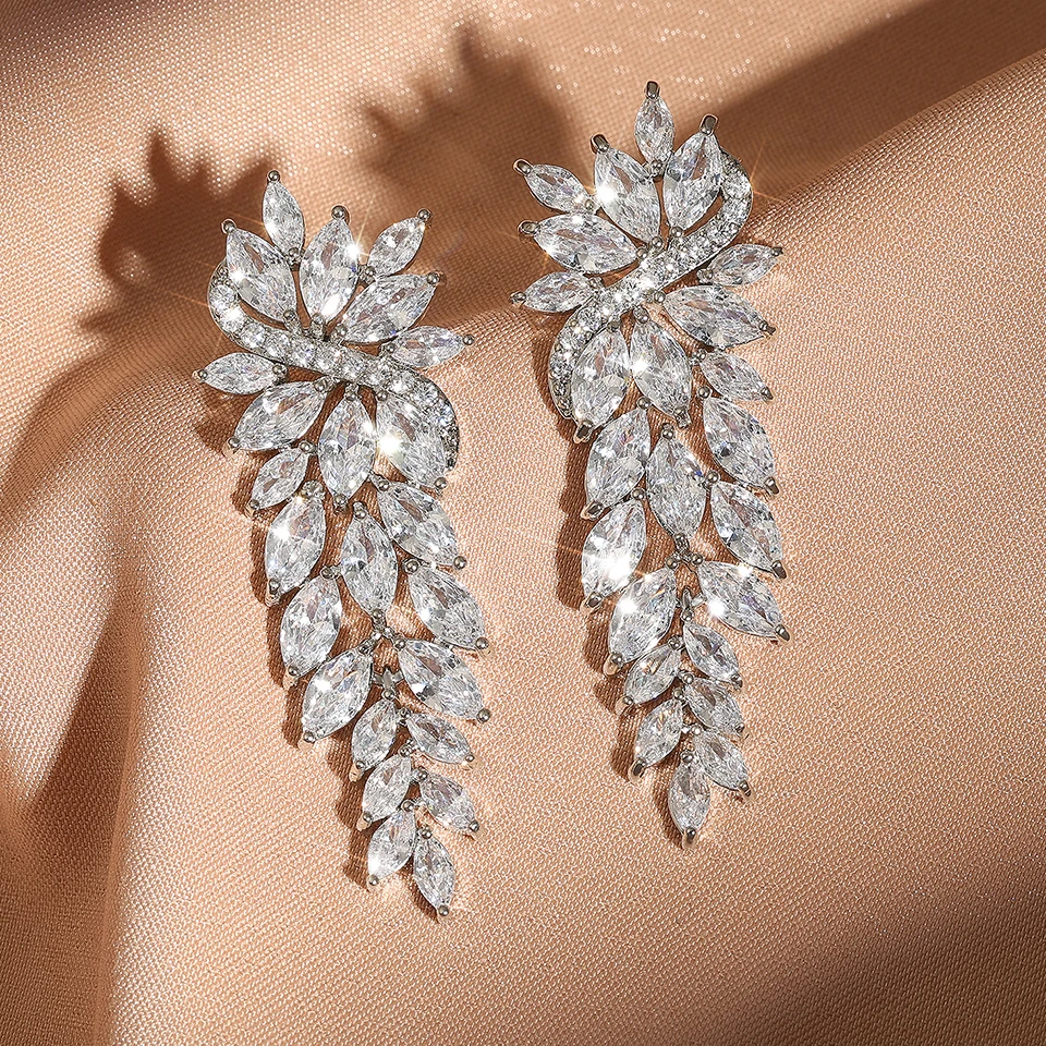 ZAKOL Gorgeous Marquise CZ Wedding Prom Jewelry White Cubic Zirconia Leaf Long Dangle Earrings for Brides Party