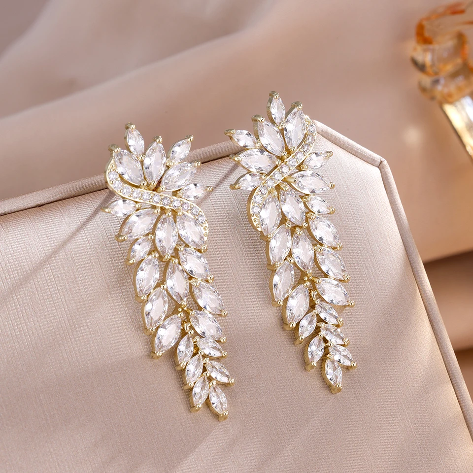 ZAKOL Gorgeous Marquise CZ Wedding Prom Jewelry White Cubic Zirconia Leaf Long Dangle Earrings for Brides Party