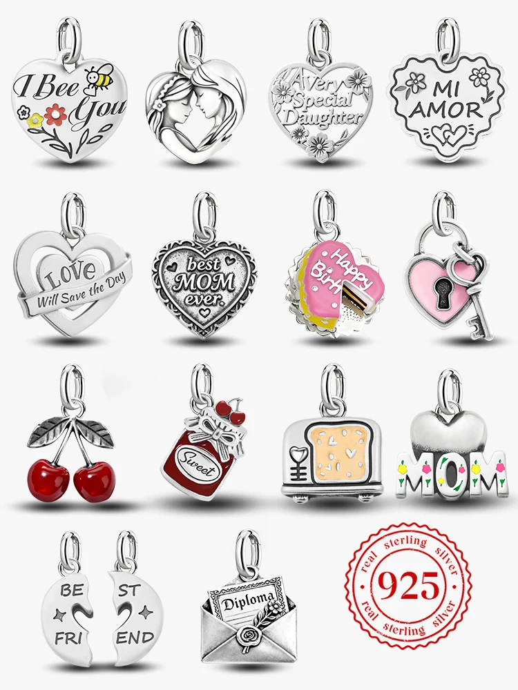 Adjustable 925 Sterling Silver Vintage Pendants Birthday Cake Love Heart Charms Beads Fit Original Bracelet Necklace DIY Jewelry