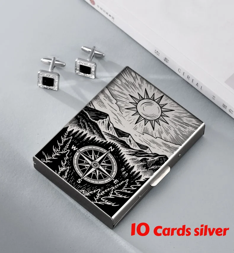 Compass Mountain Credit Card Case Wallet Men Women Business Multifunction Slim Wallet Stainless Steel Card Holder 10 Card Slot