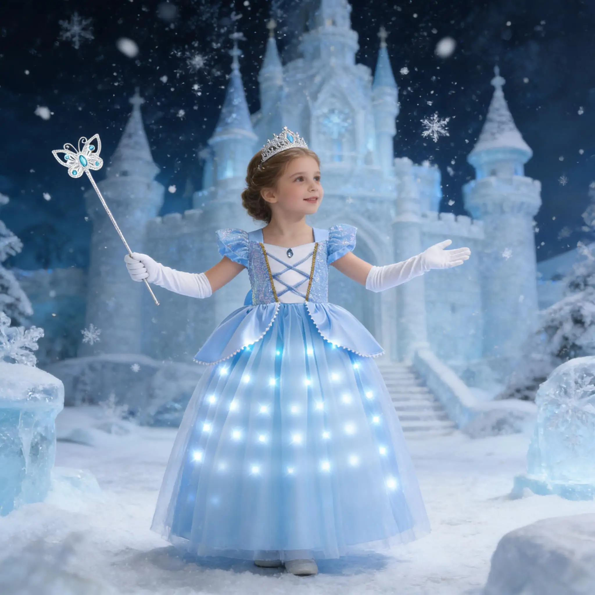 2026 Girl's Princess Cinderella Costume Classic Style Blue Ball Gown Dress Up with White Led Lights Outfit Dresses for Girls