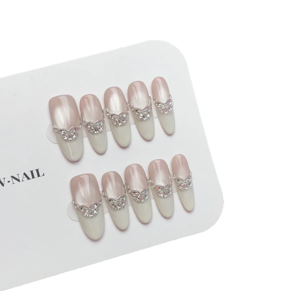 10pcs Long Oval French Handmade Nails Mirror Veil Zircon Cat's Eye Press on Nail White Full Coverage Nail Tips for Women&Girl
