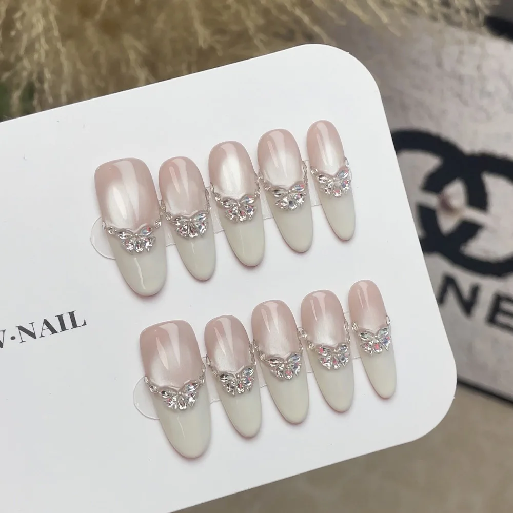 10pcs Long Oval French Handmade Nails Mirror Veil Zircon Cat's Eye Press on Nail White Full Coverage Nail Tips for Women&Girl