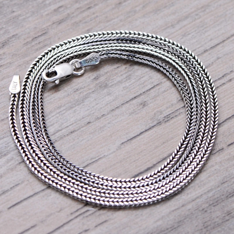 Pure Silver Jewelry Wholesale S925 Pure Silver Fox Tail Sweater Chain For Men And Women Vintage Style Thick Chain 3.0mm Necklace