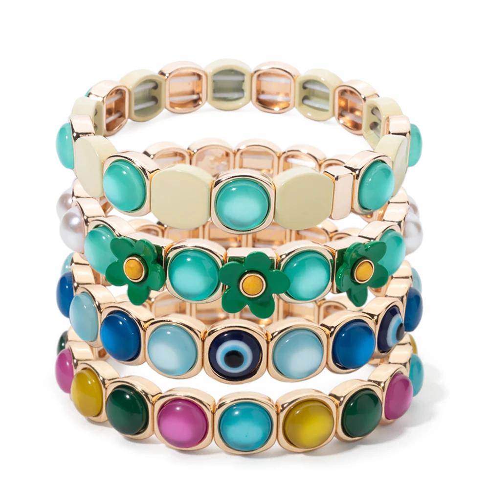 2024 New Design 10mm Enamel Bangle For WOMEN Gold Color Crystal Charm Elastic Bracelets Hand Accessory