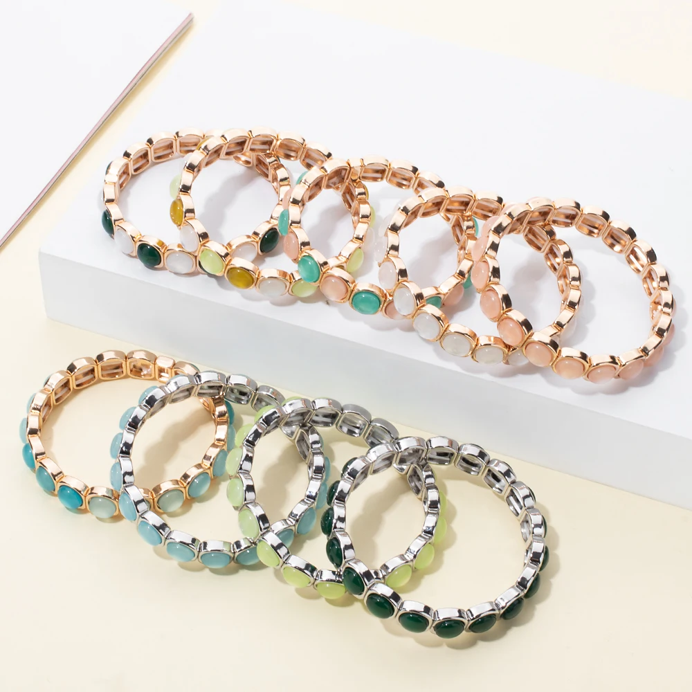 2024 New Design 10mm Enamel Bangle For WOMEN Gold Color Crystal Charm Elastic Bracelets Hand Accessory