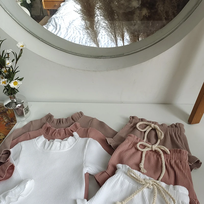 Fashion Toddler Baby Girls Romper Outfits Set Cotton Ribbed Flared Sleeve Jumpsuit + Bow Headband Sweet New Born Infant Clothing