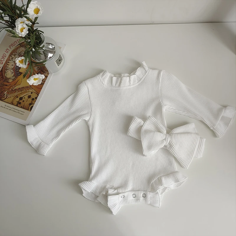 Fashion Toddler Baby Girls Romper Outfits Set Cotton Ribbed Flared Sleeve Jumpsuit + Bow Headband Sweet New Born Infant Clothing