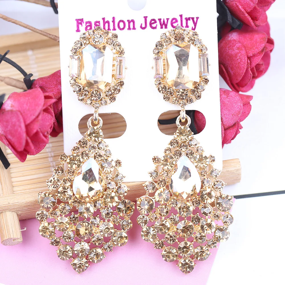 Luxury Jewelry Accessories Wholesale Elegant Long Champagne Crystal Rhinestone Chandelier Drop Statement Earrings for Women