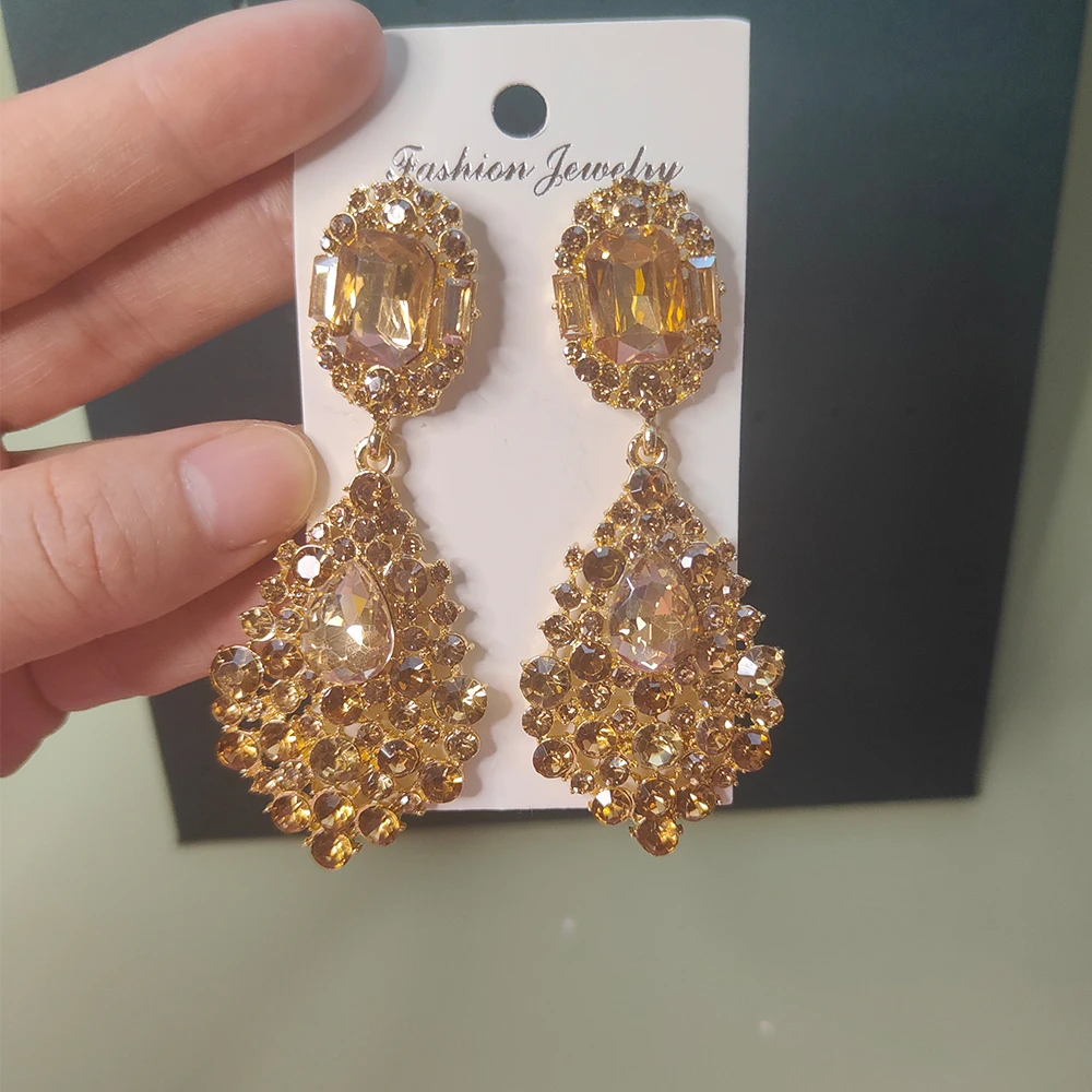 Luxury Jewelry Accessories Wholesale Elegant Long Champagne Crystal Rhinestone Chandelier Drop Statement Earrings for Women