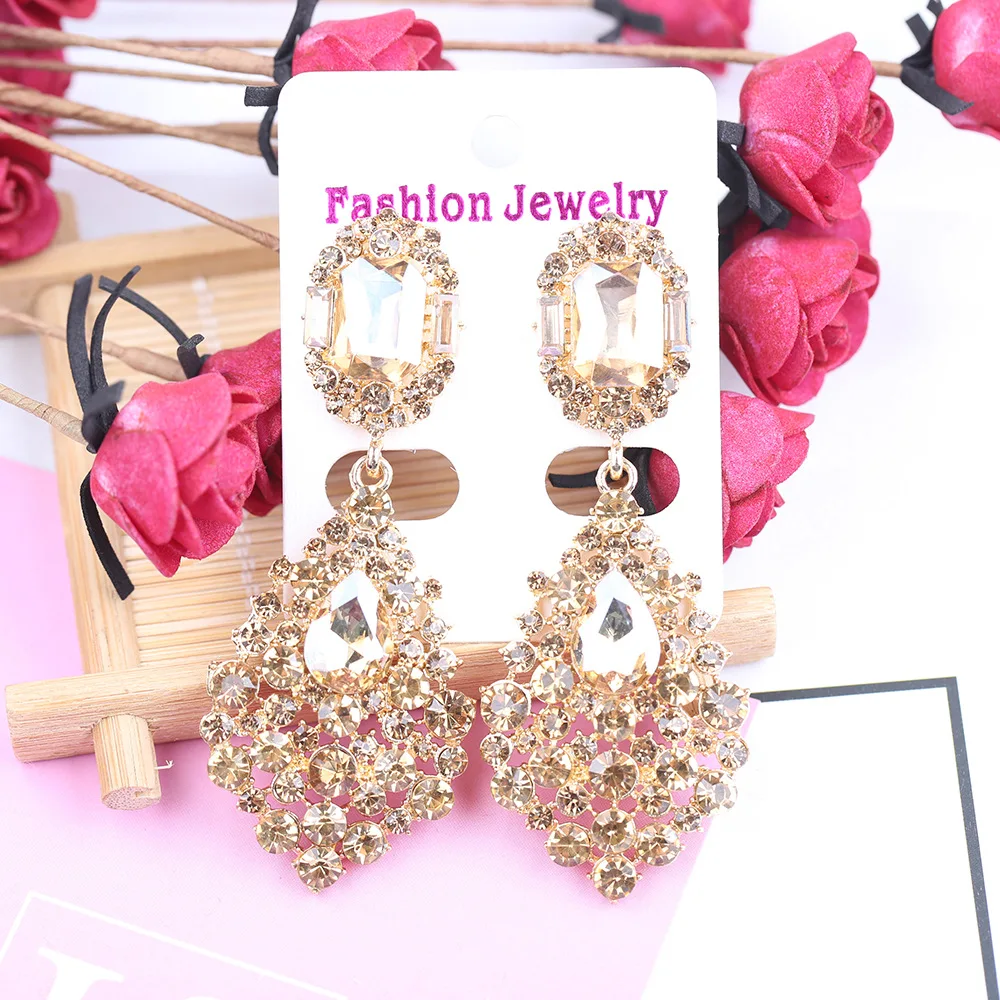 Luxury Jewelry Accessories Wholesale Elegant Long Champagne Crystal Rhinestone Chandelier Drop Statement Earrings for Women