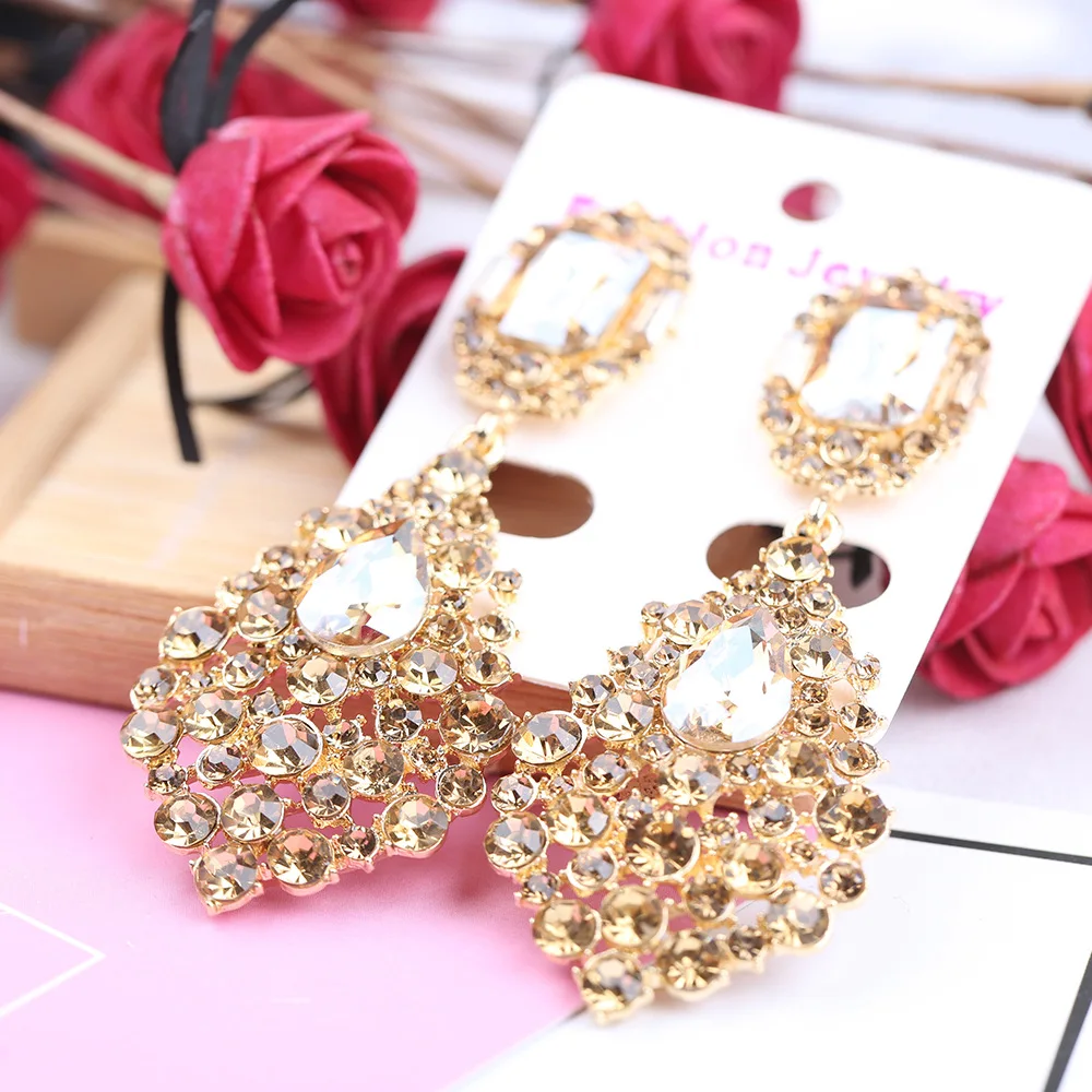 Luxury Jewelry Accessories Wholesale Elegant Long Champagne Crystal Rhinestone Chandelier Drop Statement Earrings for Women