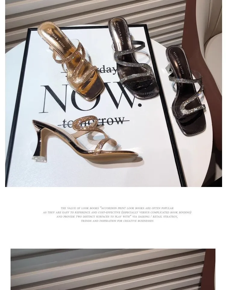 2024 Summer New Diamond-shaped Midheel Design Fashion Flip-flops High Heels Slippers Thin Heels Wear Women's Flip-flops