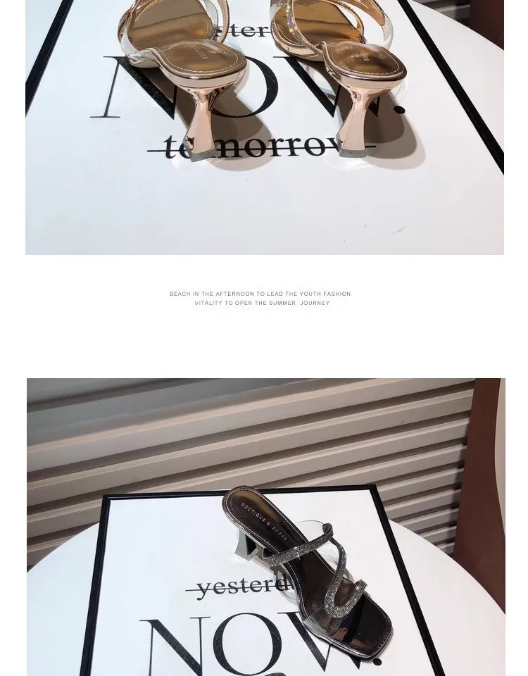 2024 Summer New Diamond-shaped Midheel Design Fashion Flip-flops High Heels Slippers Thin Heels Wear Women's Flip-flops
