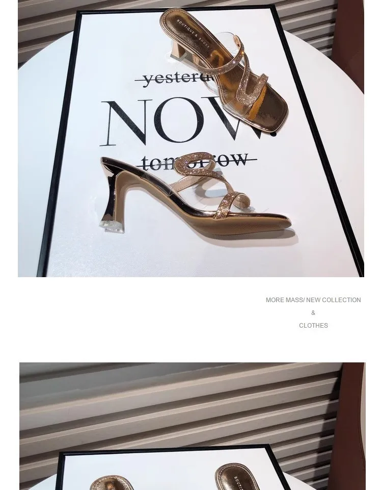 2024 Summer New Diamond-shaped Midheel Design Fashion Flip-flops High Heels Slippers Thin Heels Wear Women's Flip-flops
