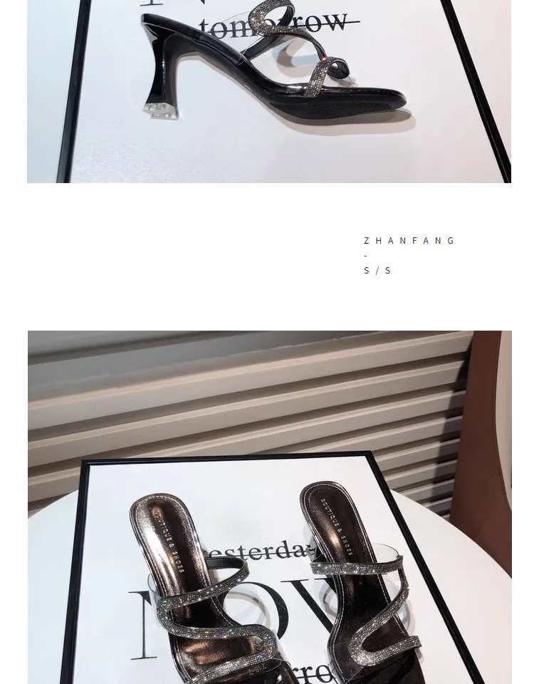 2024 Summer New Diamond-shaped Midheel Design Fashion Flip-flops High Heels Slippers Thin Heels Wear Women's Flip-flops