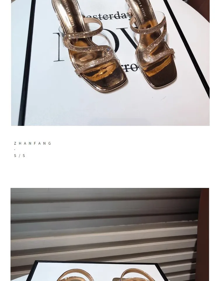 2024 Summer New Diamond-shaped Midheel Design Fashion Flip-flops High Heels Slippers Thin Heels Wear Women's Flip-flops