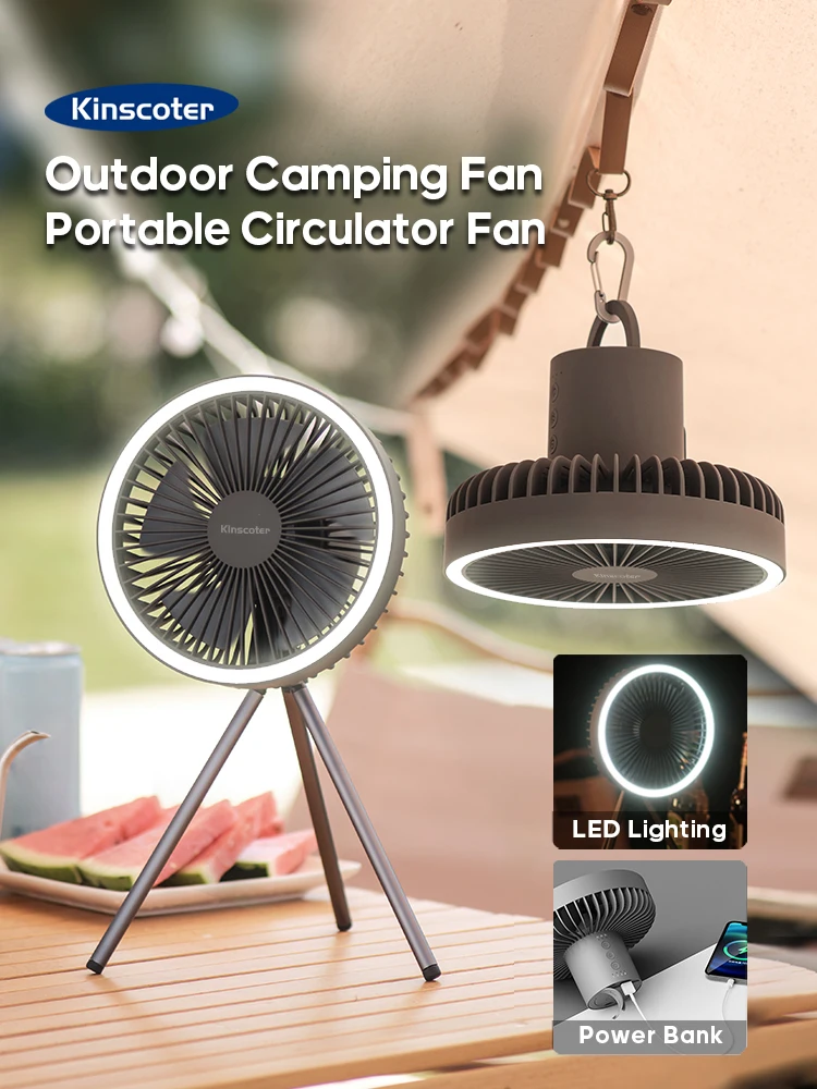 10000mAh Camping Fan Rechargeable Desktop Portable Air Circulator Wireless Ceiling Electric Fan with Power Bank LED Light Tripod