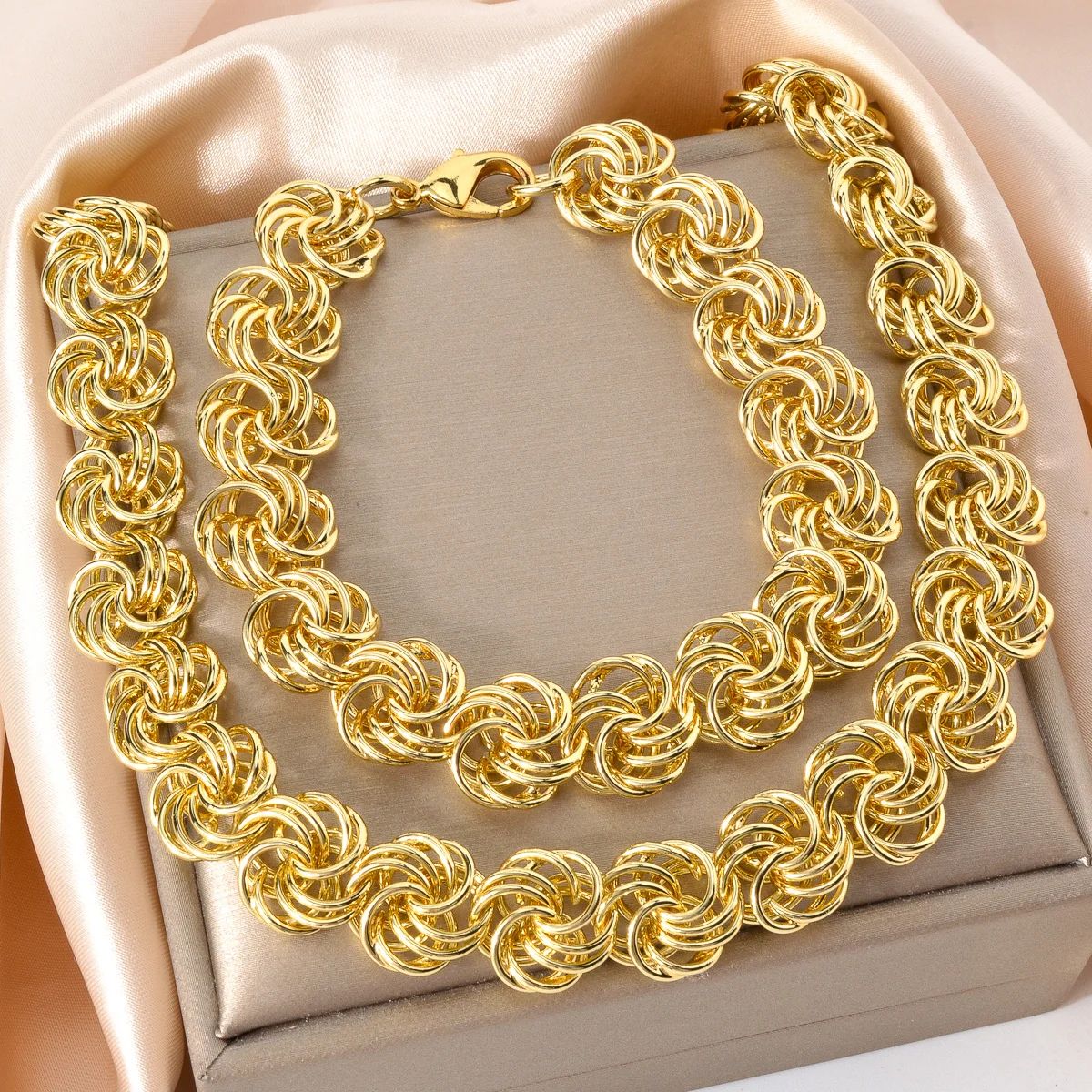 1 Set Necklace And Bracelet ,Multi Layered Link Chain,Gold Color Chunky Choker ,Punk Braided Clavicular Collar,Dubai Jewelry CCB
