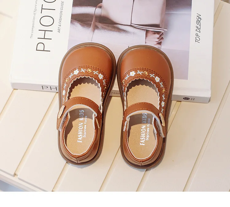 Children's Leather Shoes Spring Autumn Versatile Kids Mary Jane Shoes Fashion Embroidered Flower Causal Princess Shoes for Girls