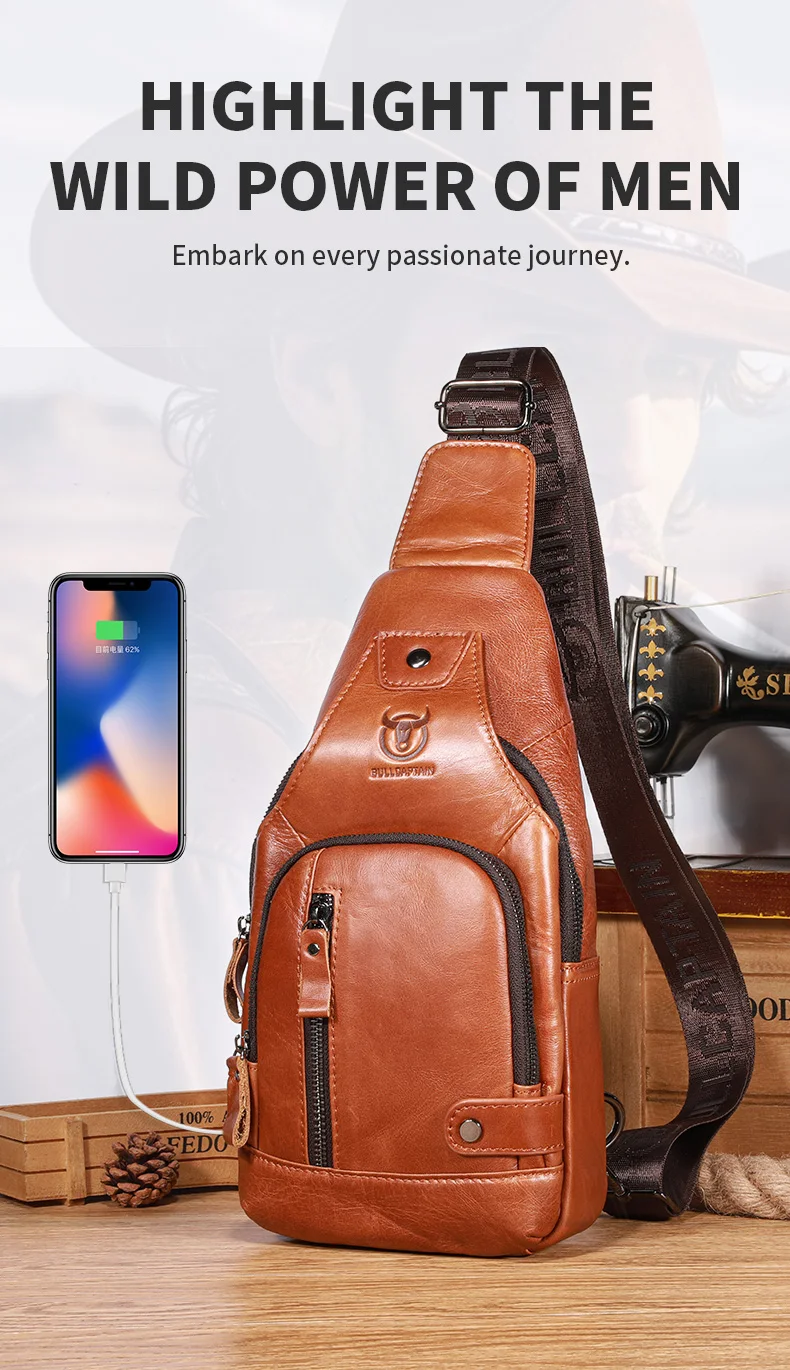 Bullcaptain Men's Usb Chest Bag 100% Genuine Leather Crossbody Shoulder Bags Multifunction Travel Outdoor Messenger Pack Fashion