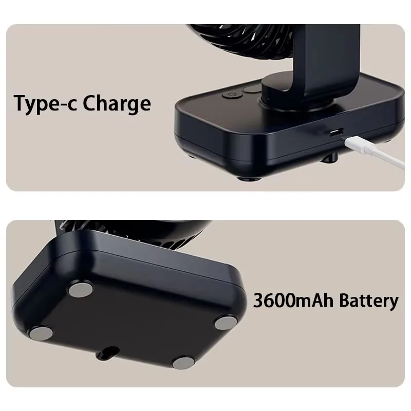 Portable Table Fan Type-c Rechargeable 4 Speeds Desk USB Cooling Fan Wireless Oscillating Wall Hanging Fan 90° Degrees Adjust