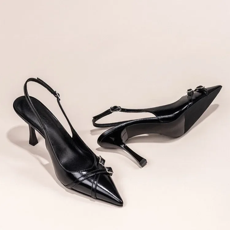 Fashionable Pointed Toe Shallow Mouth New High-heeled Shoes Summer Elegant Buckle Decorated Stiletto Black Women's Shoes NO:602