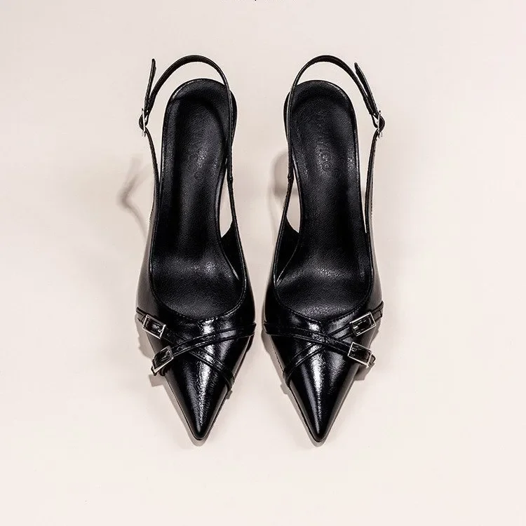 Fashionable Pointed Toe Shallow Mouth New High-heeled Shoes Summer Elegant Buckle Decorated Stiletto Black Women's Shoes NO:602
