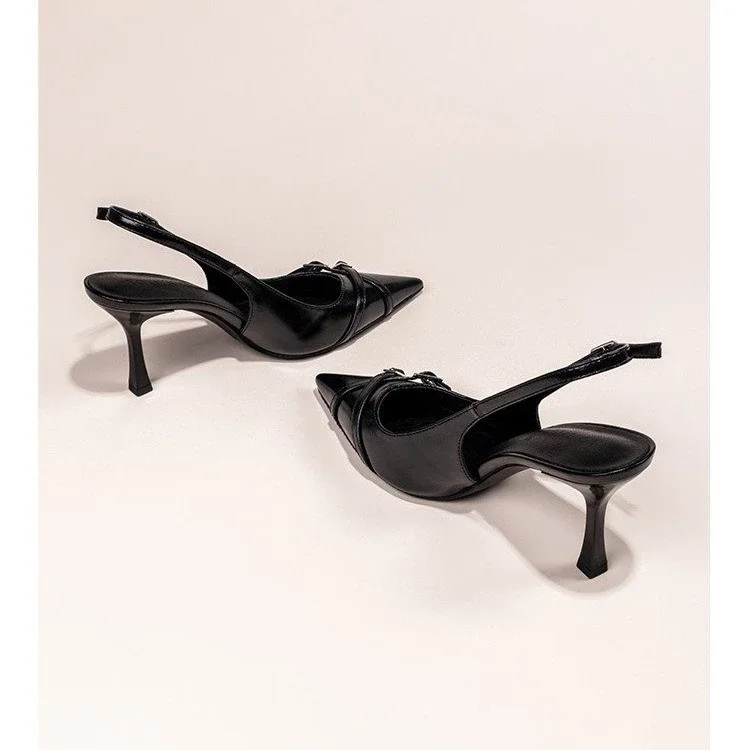 Fashionable Pointed Toe Shallow Mouth New High-heeled Shoes Summer Elegant Buckle Decorated Stiletto Black Women's Shoes NO:602