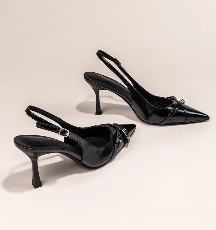 Fashionable Pointed Toe Shallow Mouth New High-heeled Shoes Summer Elegant Buckle Decorated Stiletto Black Women's Shoes NO:602