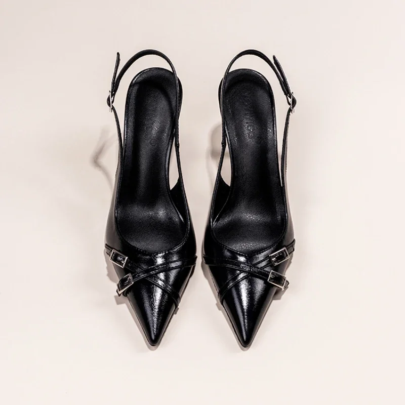 Fashionable Pointed Toe Shallow Mouth New High-heeled Shoes Summer Elegant Buckle Decorated Stiletto Black Women's Shoes NO:602
