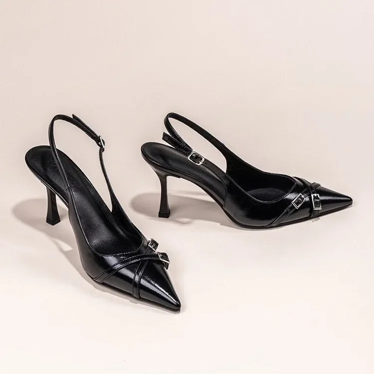 Fashionable Pointed Toe Shallow Mouth New High-heeled Shoes Summer Elegant Buckle Decorated Stiletto Black Women's Shoes NO:602
