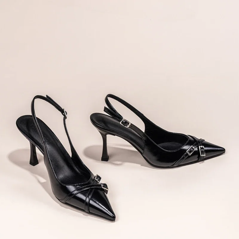 Fashionable Pointed Toe Shallow Mouth New High-heeled Shoes Summer Elegant Buckle Decorated Stiletto Black Women's Shoes NO:602