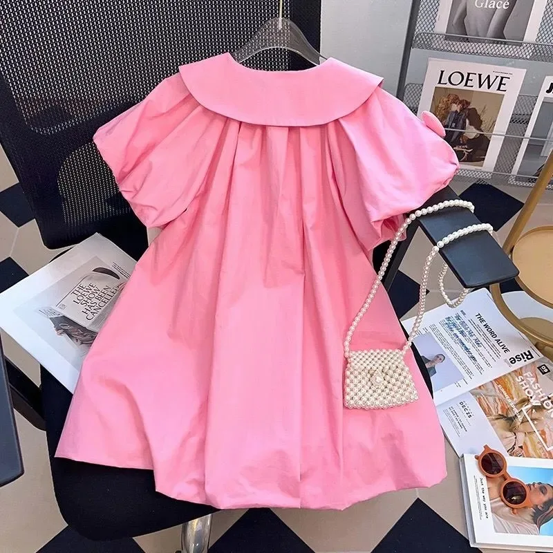 2-10 Years Summer Cute Girls Dress Heart Jewelry Decoration Flip Collar Single Row Buckle Design Dress For Girl