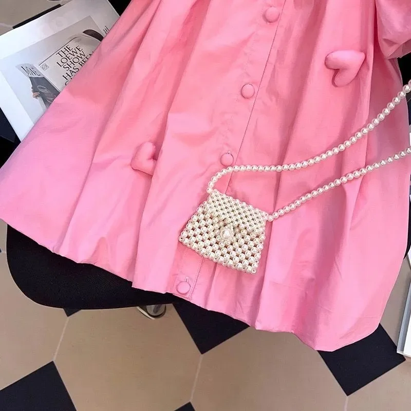 2-10 Years Summer Cute Girls Dress Heart Jewelry Decoration Flip Collar Single Row Buckle Design Dress For Girl