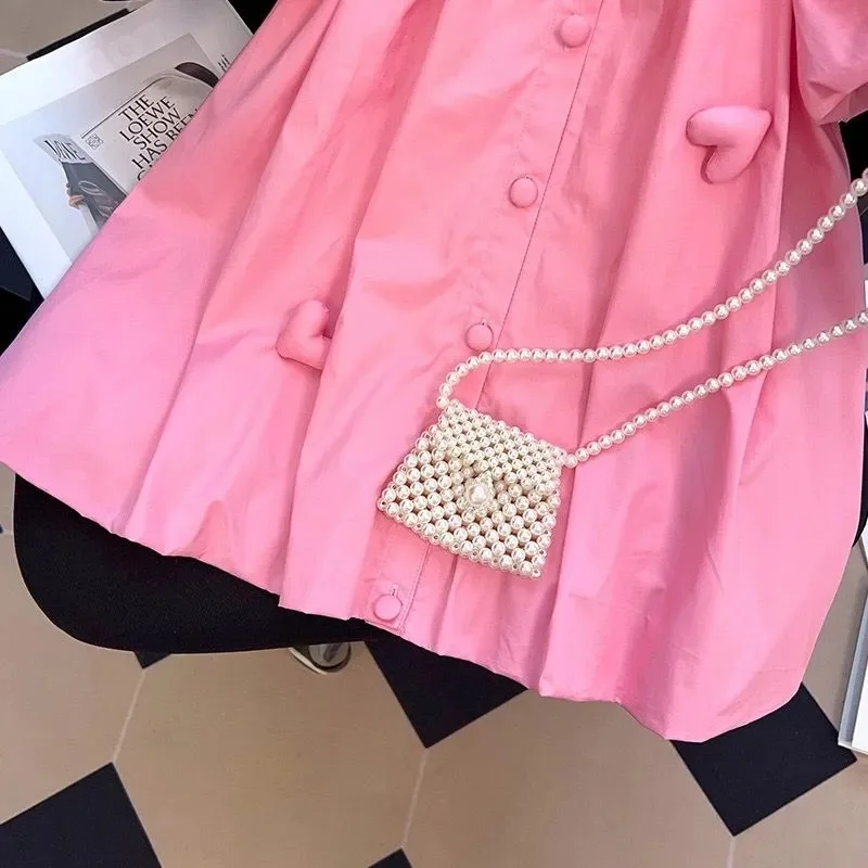 2-10 Years Summer Cute Girls Dress Heart Jewelry Decoration Flip Collar Single Row Buckle Design Dress For Girl