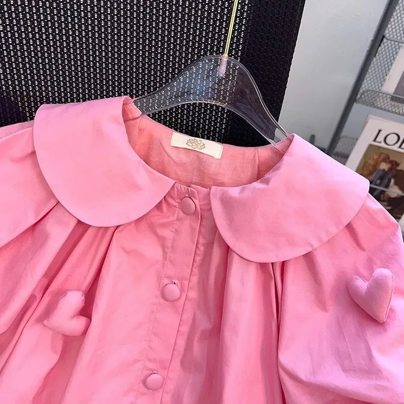 2-10 Years Summer Cute Girls Dress Heart Jewelry Decoration Flip Collar Single Row Buckle Design Dress For Girl