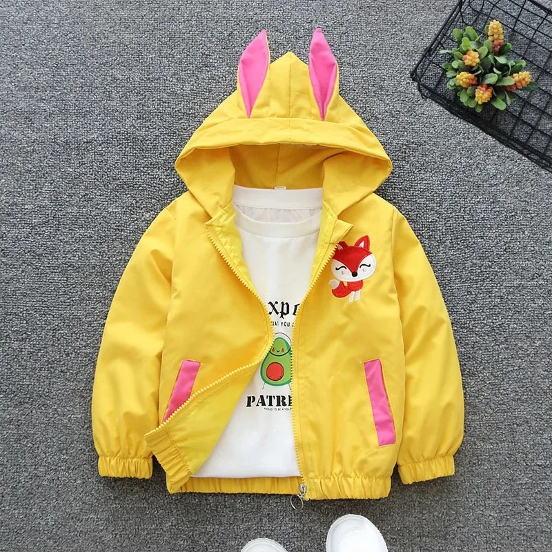 New Rabbit Girls Jacket Spring Autumn Hooded Zipper Baby Windbreaker Coat Birthday Gifts Children's Clothing 1 2 3 4 5 6 Years
