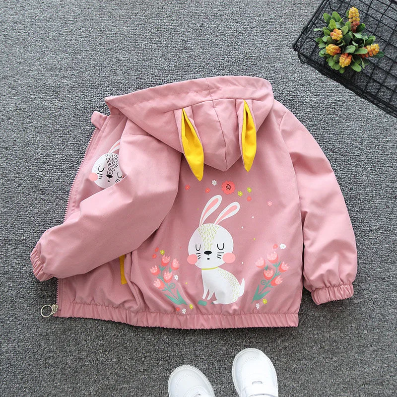 New Rabbit Girls Jacket Spring Autumn Hooded Zipper Baby Windbreaker Coat Birthday Gifts Children's Clothing 1 2 3 4 5 6 Years
