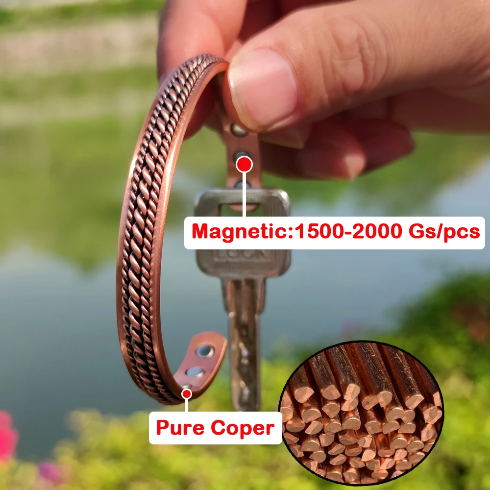 Vinterly Pure Copper Bracelets Men Magnetic Twisted 8.4mm Vintage Adjustable Braided High Magnets Cuff Bangles Resizable Jewelry