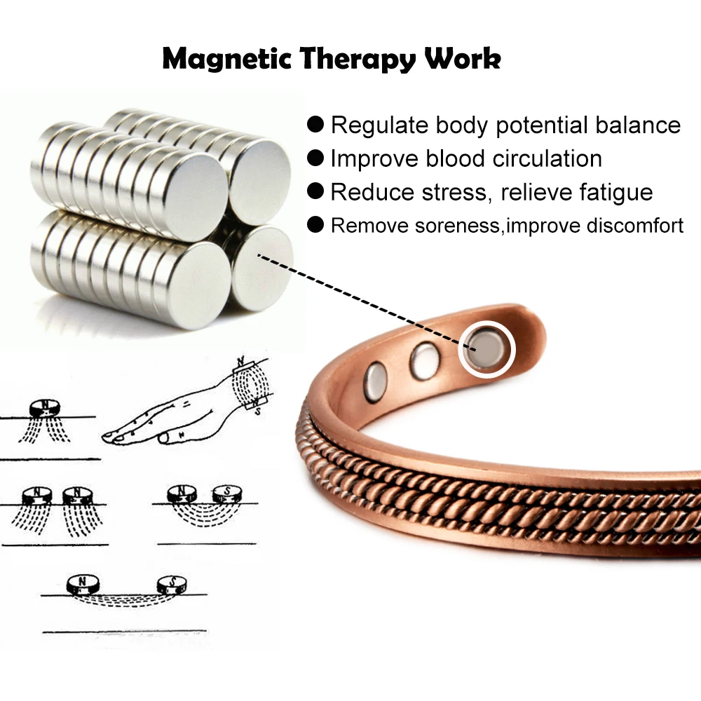 Vinterly Pure Copper Bracelets Men Magnetic Twisted 8.4mm Vintage Adjustable Braided High Magnets Cuff Bangles Resizable Jewelry