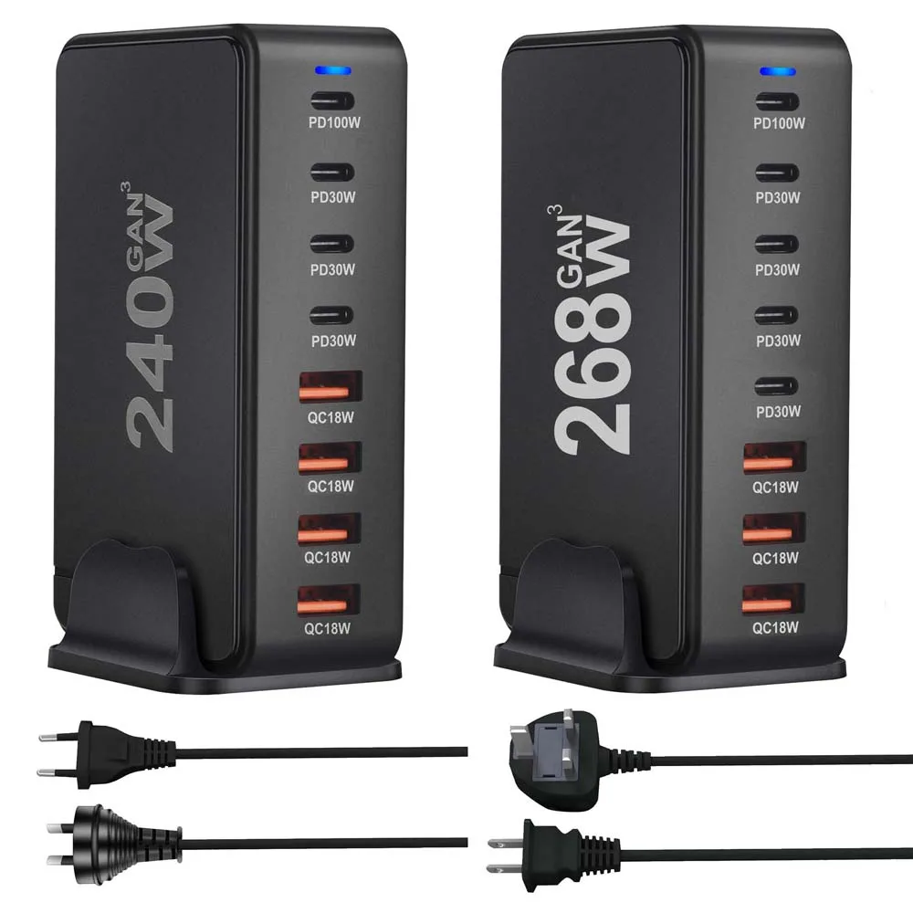 268W 240W Desktop GaN Quick PD Charger 8 Ports USB Type C USA EU AUS UK Plug Adapter Mobile Phone Laptop PC Charging Dock Stand