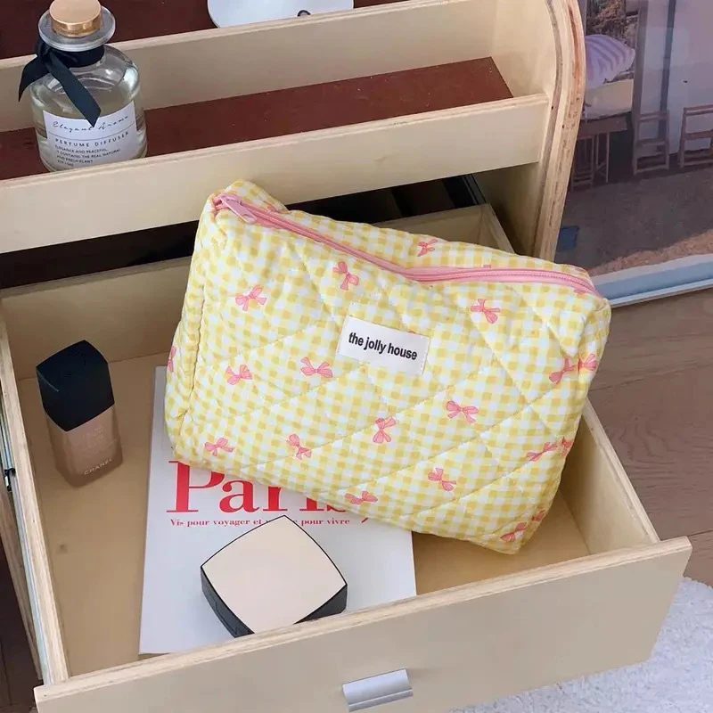New Cartoon Bow Knot Tote Makeup Zipper Bag Women Large Capacity Quilting Pouch Washbag Cute Portable Cosmetic Storage Bag