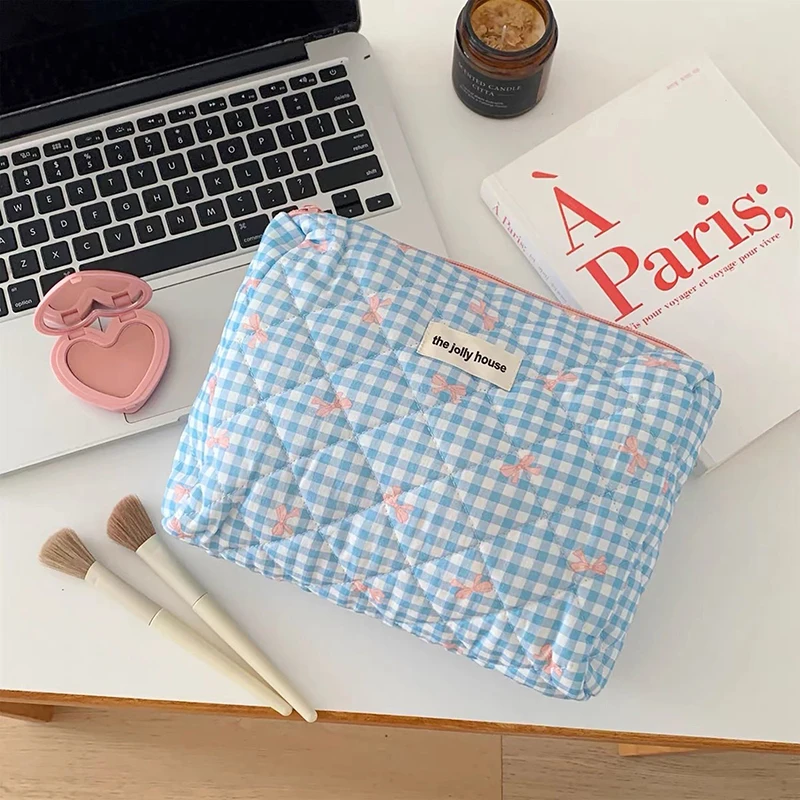 New Cartoon Bow Knot Tote Makeup Zipper Bag Women Large Capacity Quilting Pouch Washbag Cute Portable Cosmetic Storage Bag