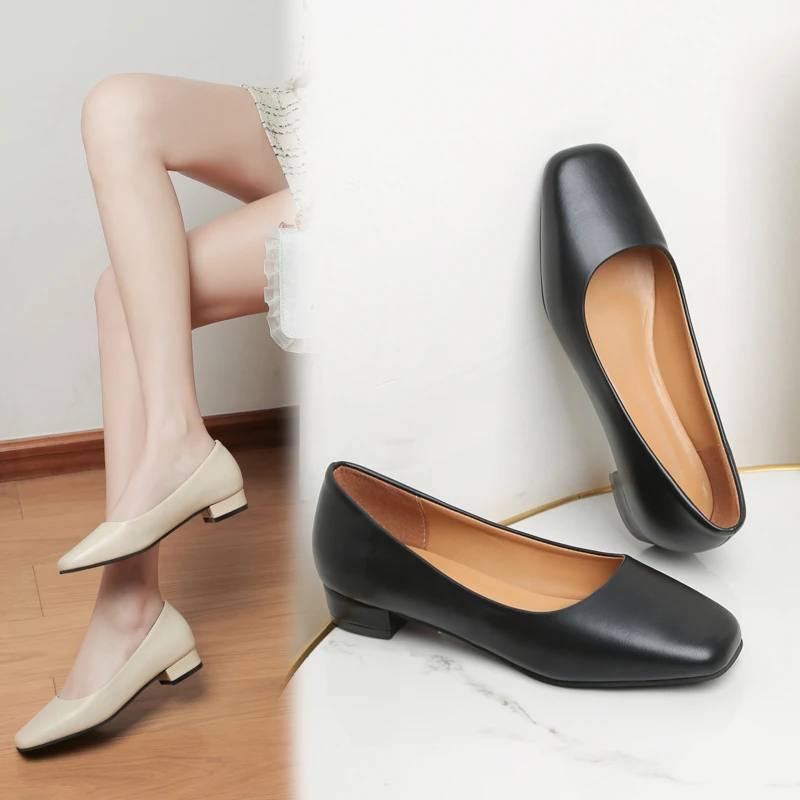 New Flat Women Loafers Simple Low Heels Office Work Casual Shoes Slip on Flat Footwear Ladies Square Toe Shoes Work Shoes
