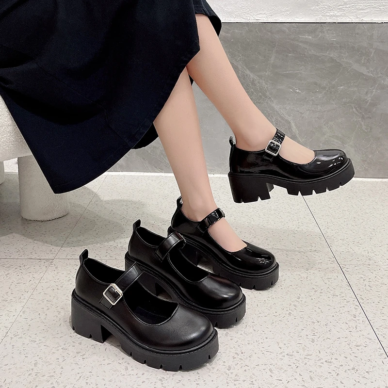 Black Ankle Buckle Platform Pumps Women Japanese Style Patent Leather Mary Jane Shoes Woman Punk Thick Heels Lolita Shoes Mujer