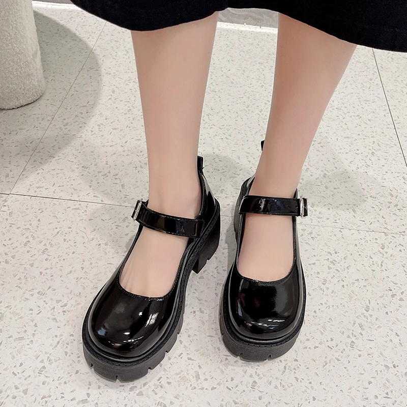 Black Ankle Buckle Platform Pumps Women Japanese Style Patent Leather Mary Jane Shoes Woman Punk Thick Heels Lolita Shoes Mujer