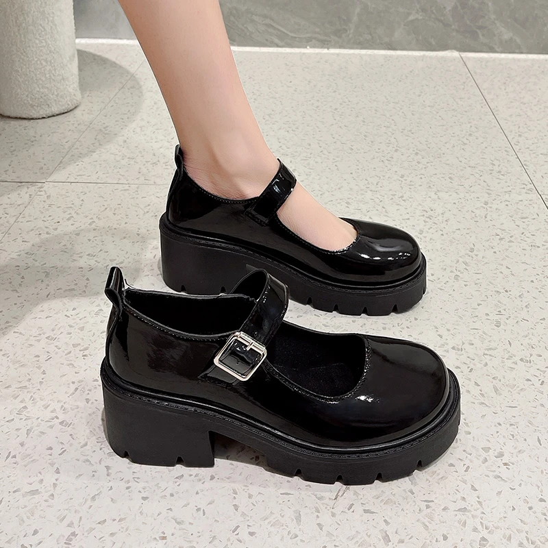 Black Ankle Buckle Platform Pumps Women Japanese Style Patent Leather Mary Jane Shoes Woman Punk Thick Heels Lolita Shoes Mujer