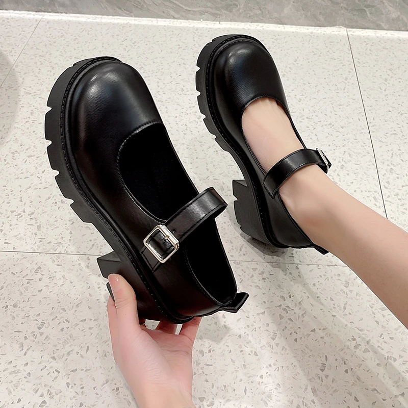 Black Ankle Buckle Platform Pumps Women Japanese Style Patent Leather Mary Jane Shoes Woman Punk Thick Heels Lolita Shoes Mujer