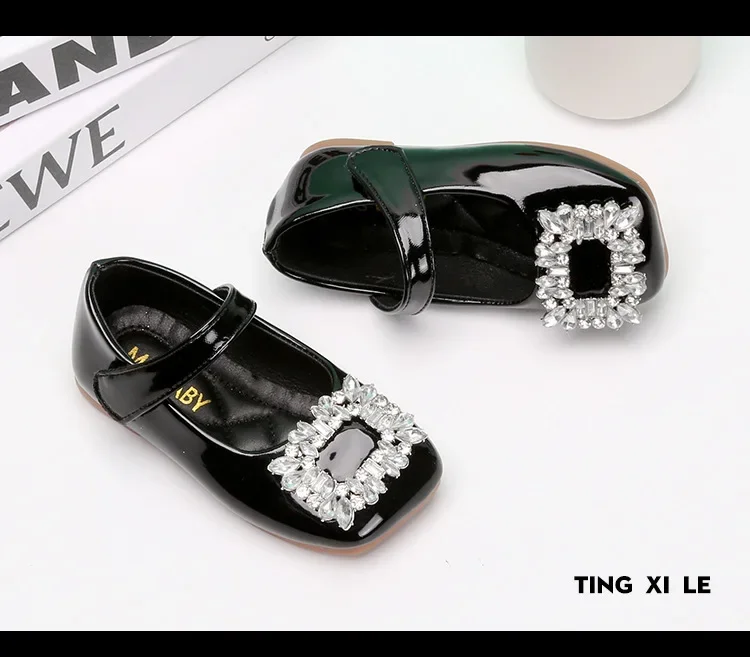 Baby Girls Leather Shoes for Party Wedding Kids Black Mary Janes with Rhinestone Buckle Princess Sweet Chic Children's Flats New